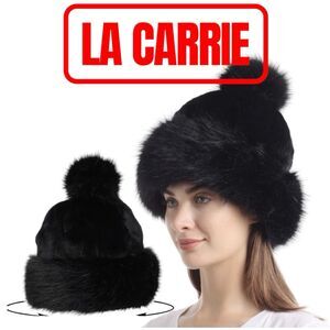 LA CARRIE Women's Faux Fur Hat Russian Cossack Pompom One Size Beanie Black